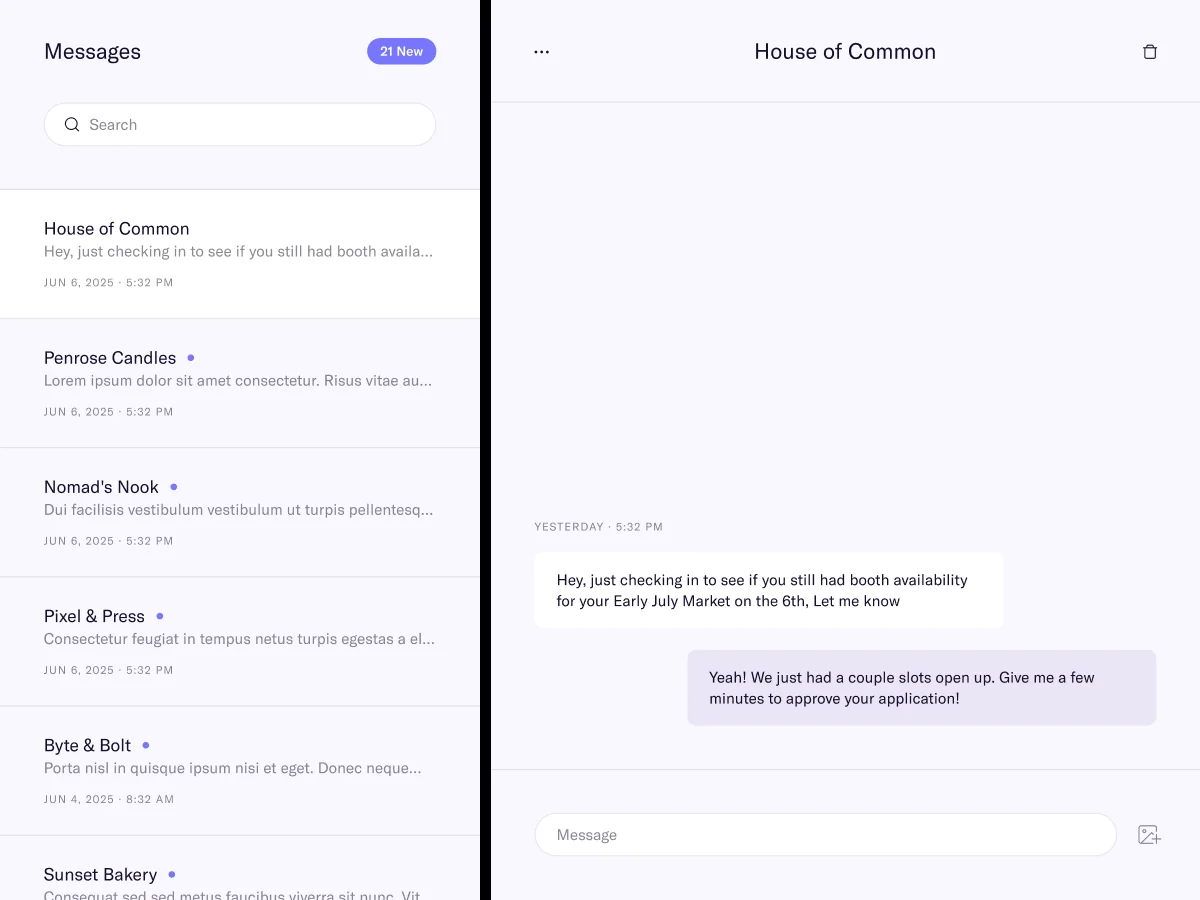 Messages inbox with a vendor conversation open