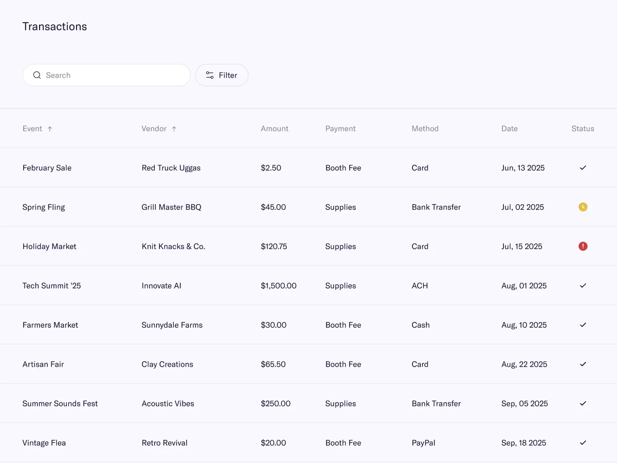 Transactions list with booth fee and supply payments