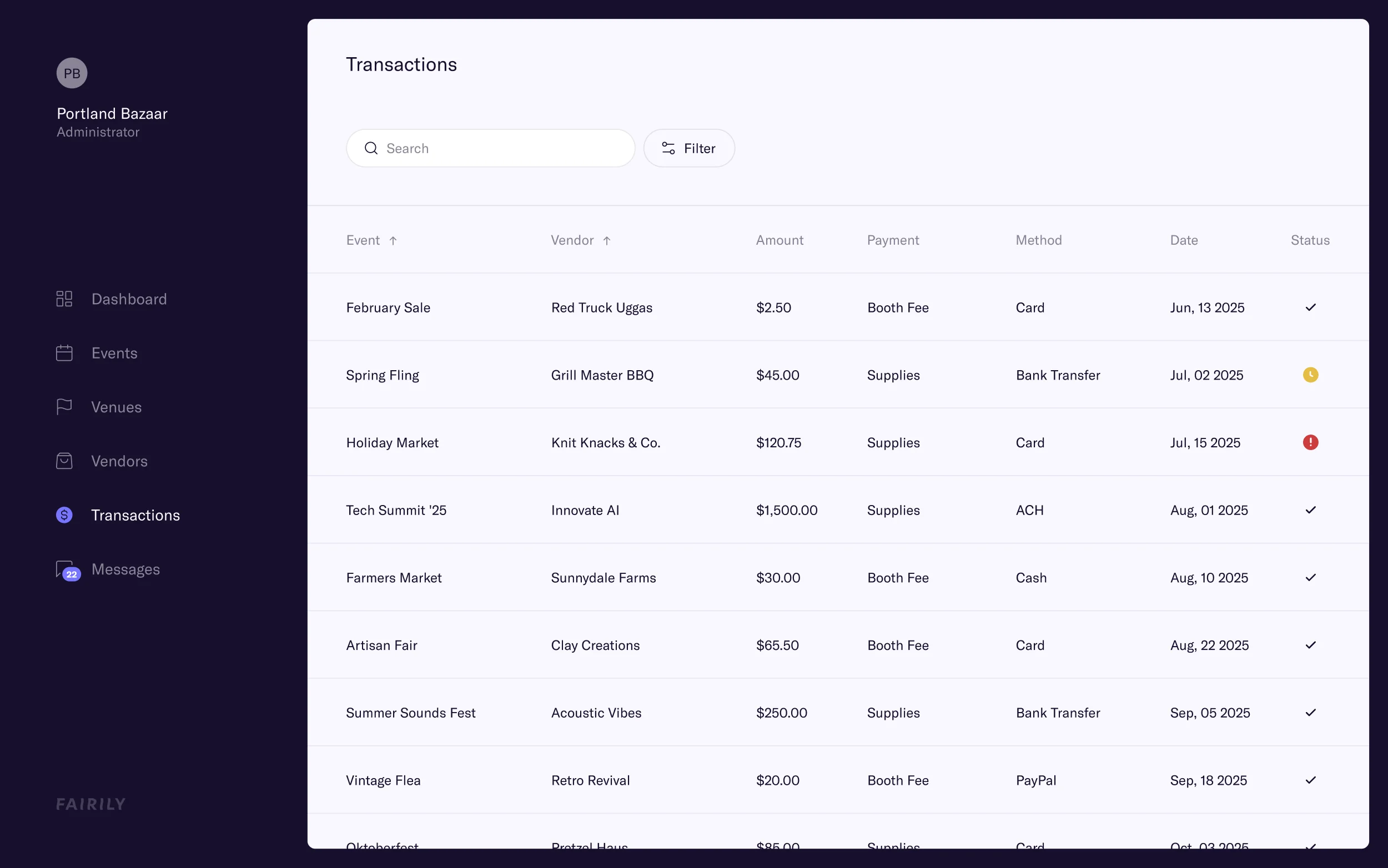 Transactions list with booth fee and supply payments by event